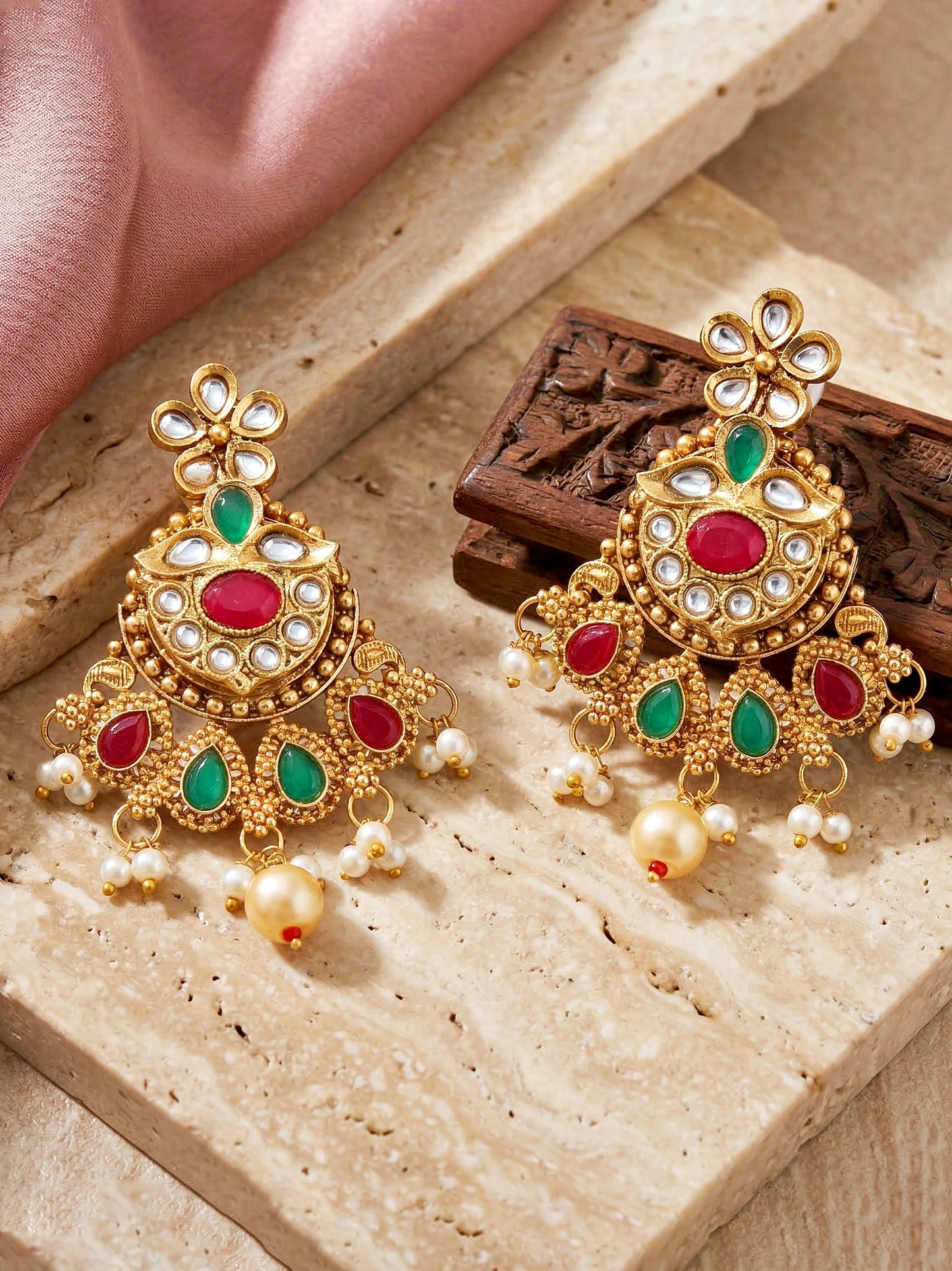 Lucky Jewellery Gold-Plated Ruby & Green Color Long Necklace Set (732-G2SR-194-RG)