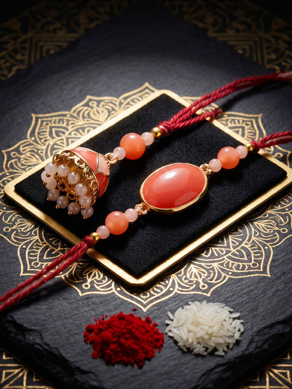 Set of 2 Pink Faux Stone Bhaiya Bhabhi Rakhi Set with Jhumki Lumba. Pink Beads, Roli, Chawal & Card (265-CHCR1-1151-PK-2-2026)