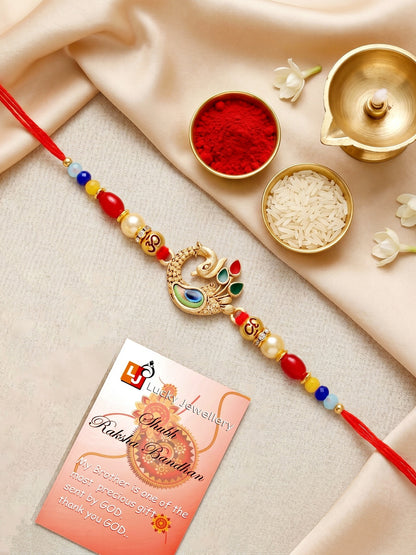 Elegant Peacock Rakhi for Brother with Roli Chawal and Card | Traditional Enamel Beaded Rakhi (72-S5R1-AR2972)