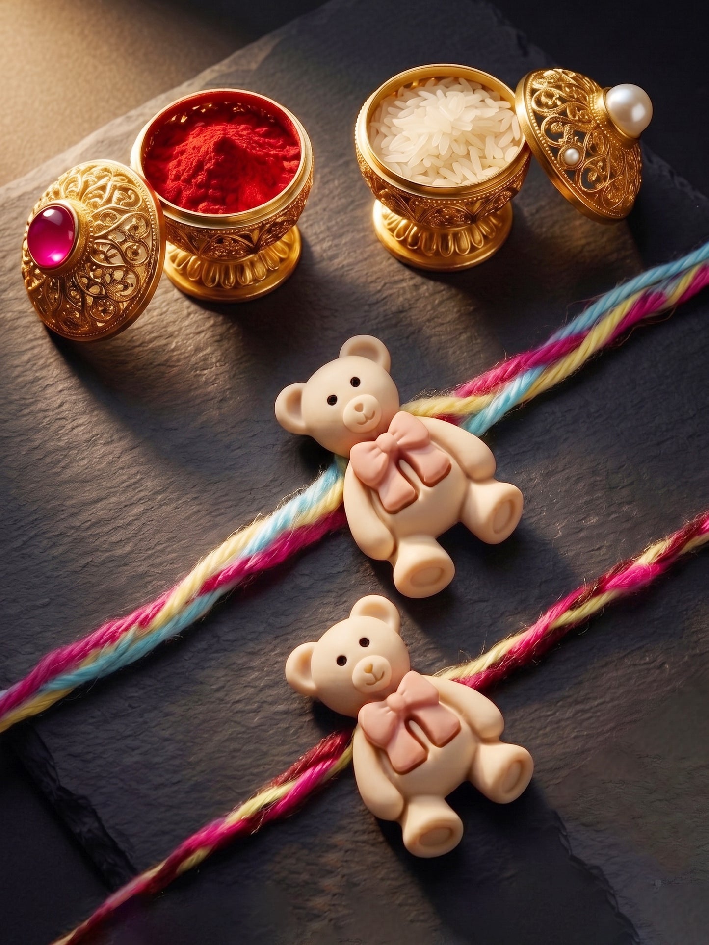 Set of 2 Cute Teddy Bear Kids Rakhi with Colorful Thread, Roli Chawal & Card (80-CHR1-1948-2-2026)