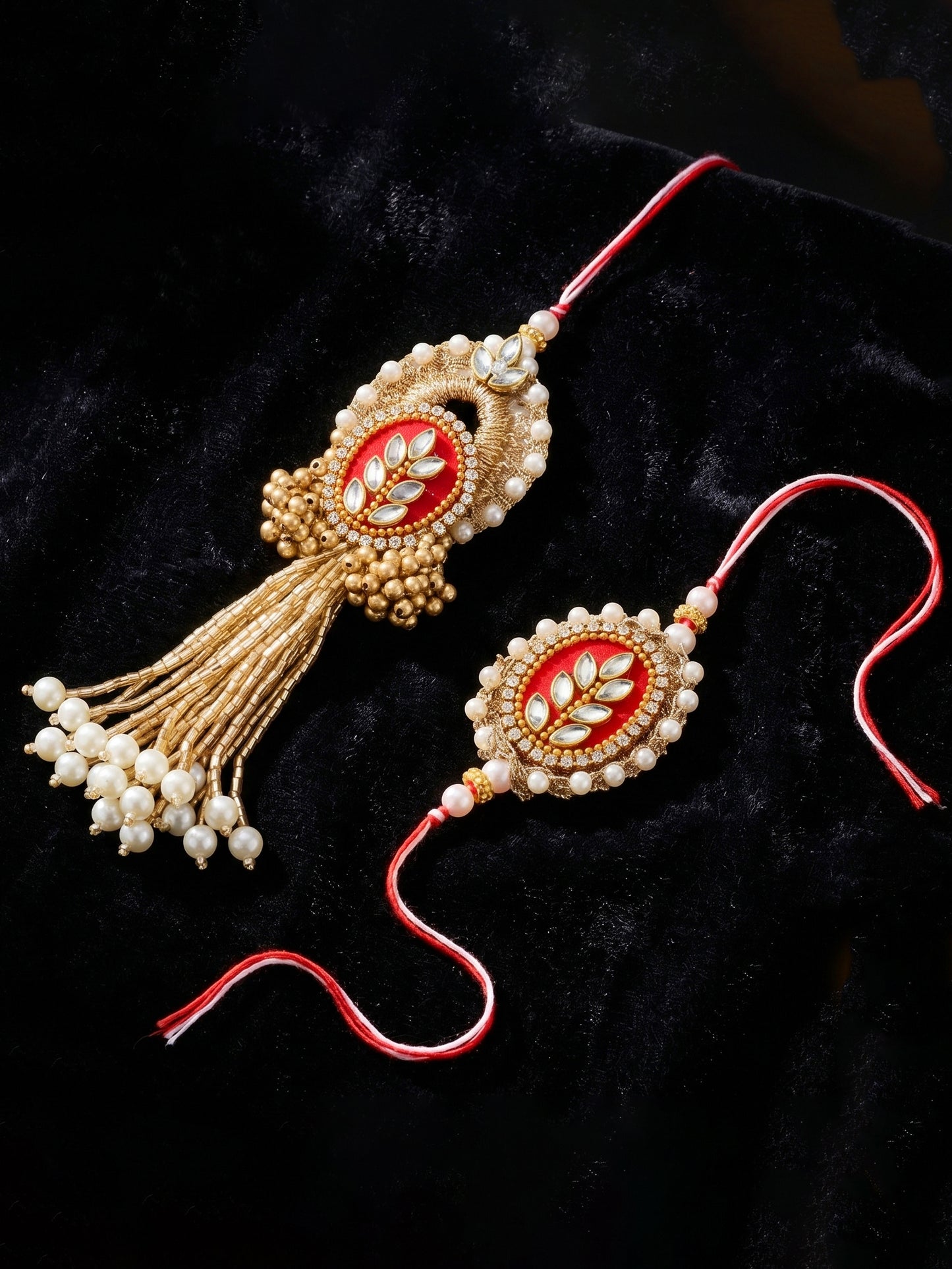 Designer Red Kundan Bhaiya Bhabhi Rakhi Set | Gold Lumba Tassel & White Beaded Matching Rakhi (216-S7R1-PJ7001-M)