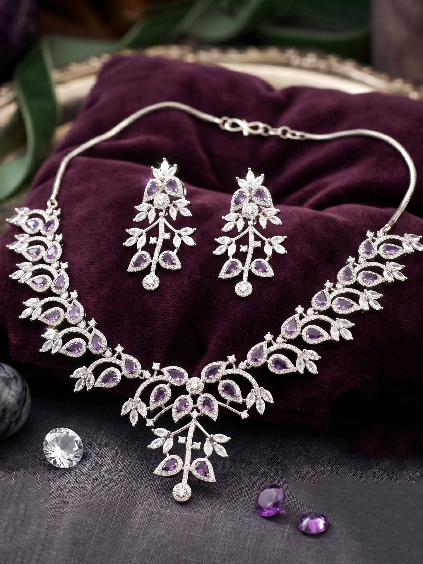 Lucky Jewellery Silver-Tone Purple Stone & American Diamond Necklace Set with Earrings for Women – Office, Party & Function Wear (1948-K4SA-2241-P-S)