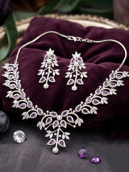 Lucky Jewellery Silver-Tone Purple Stone & American Diamond Necklace Set with Earrings for Women – Office, Party & Function Wear (1948-K4SA-2241-P-S)