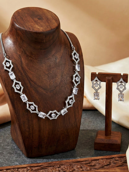 Silver-Tone White Stone & American Diamond Necklace Set with Earrings for Women – Office, Party & Function Wear (628-K4SA-2240-W-S)