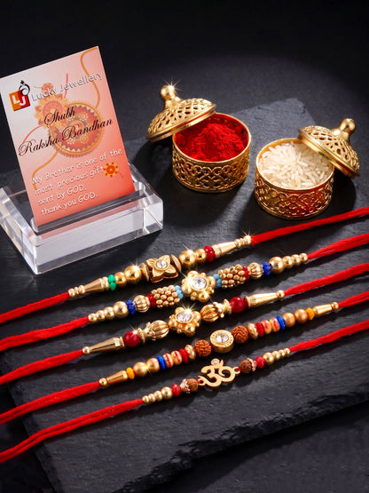 Lucky Jewellery Set of 5 Rakhi with Small Floral & Om Centerpieces, Gold-Tone Beads, Roli Chawal & Card (57-S7R1-2313-5)