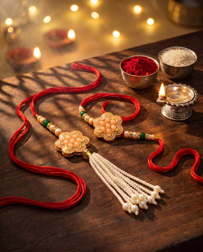 Set of 2 Bhaiya Bhabhi Rakhi Set with Floral Peach Pendant, Green & Gold Beads, Tassel Lumba (130-JPCR1-1857-PH-2-2026)
