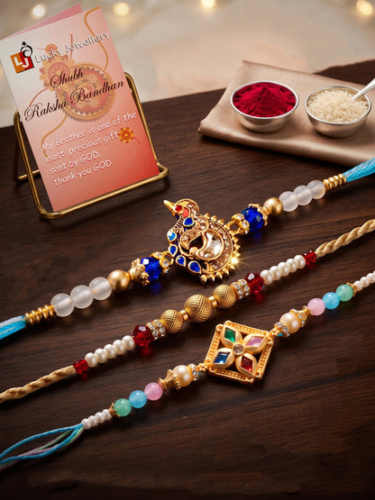 Lucky Jewellery Set of 3 Rakhi with Peacock & Square AD Pendants, Smooth White Beads, Roli Chawal & Card (142-S7R1-2318-3)