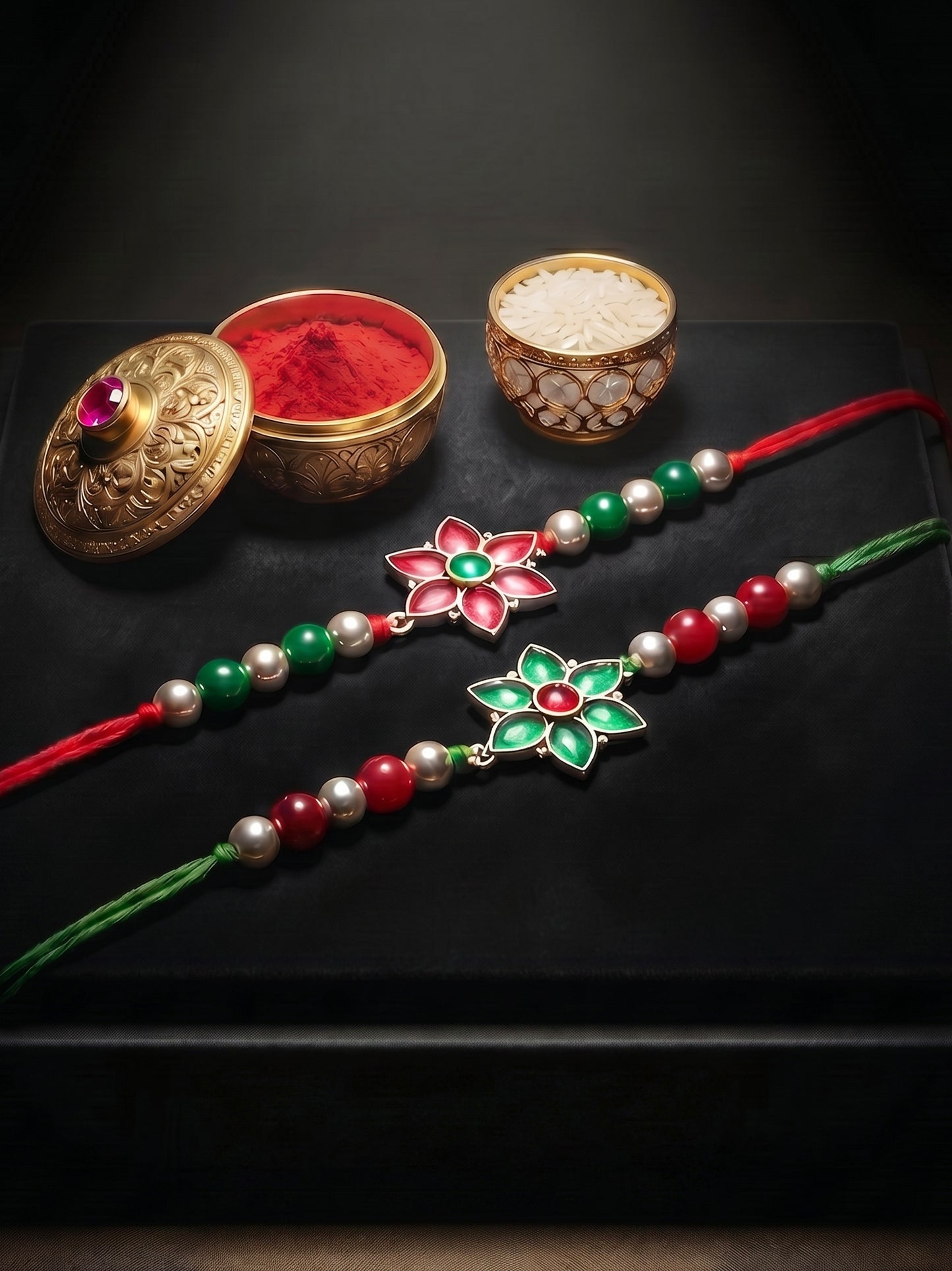 Set of 2 Floral Rakhi for Brother with Maroon & Green Enamel, Beads, Roli Chawal & Card (102-JPR1-1970-S-2-2026)