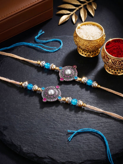 Set of 2 Oxidised Mandala Rakhi for Brother with Silver & Blue Beads, Roli Chawal & Card (96-CHR1-1962-2-2026)