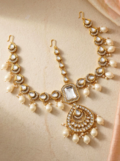 Bridal AD White Pearl Heavy Choker Jewellery Set with Sheesh Patti, Nath & Jhumka (3300-M8ZK-1106-W)