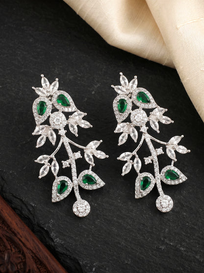 Lucky Jewellery Silver-Tone Green Stone & American Diamond Necklace Set with Earrings for Women – Office, Party & Function Wear (1948-K4SA-2241-G-S)