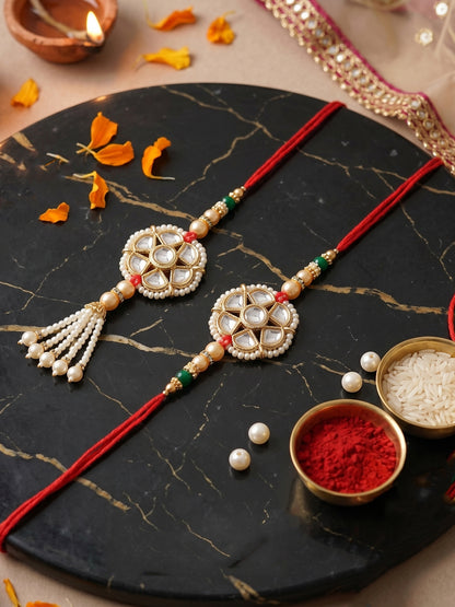 Set of 2 Bhaiya Bhabhi Rakhi Set with Floral Kundan, Green & White Beads, Tassel Lumba, Roli Chawal (118-JPCR1-1850-2-2026)