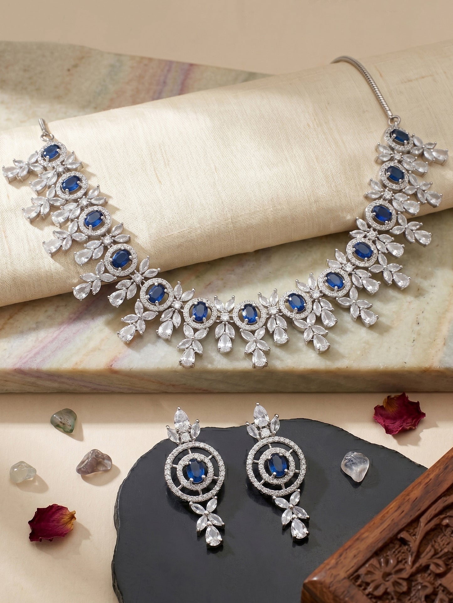 Silver-Tone Blue Stone & American Diamond Necklace Set with Earrings for Women – Office, Party & Function Wear (1717-K4SA-2242-B-S)