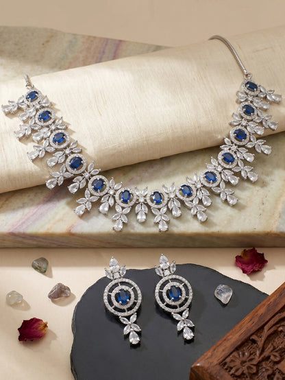 Silver-Tone Blue Stone & American Diamond Necklace Set with Earrings for Women – Office, Party & Function Wear (1717-K4SA-2242-B-S)