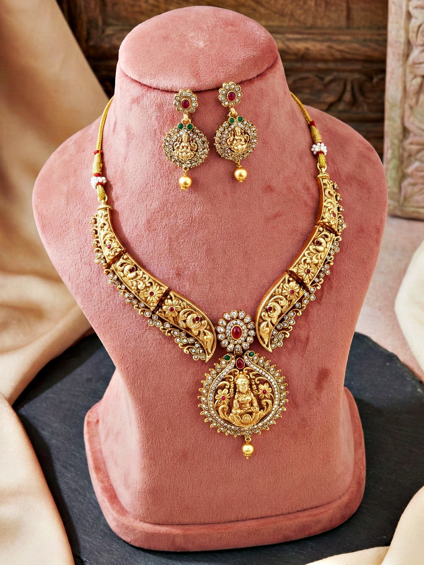 Traditional Antique Gold-Tone Temple Jewellery Necklace Set for Women with Goddess Lakshmi Pendant & Matching Earrings (1122-ISR-2179-R)