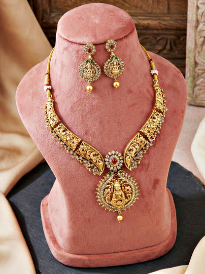 Traditional Antique Gold-Tone Temple Jewellery Necklace Set for Women with Goddess Lakshmi Pendant & Matching Earrings (1122-ISR-2179-R)