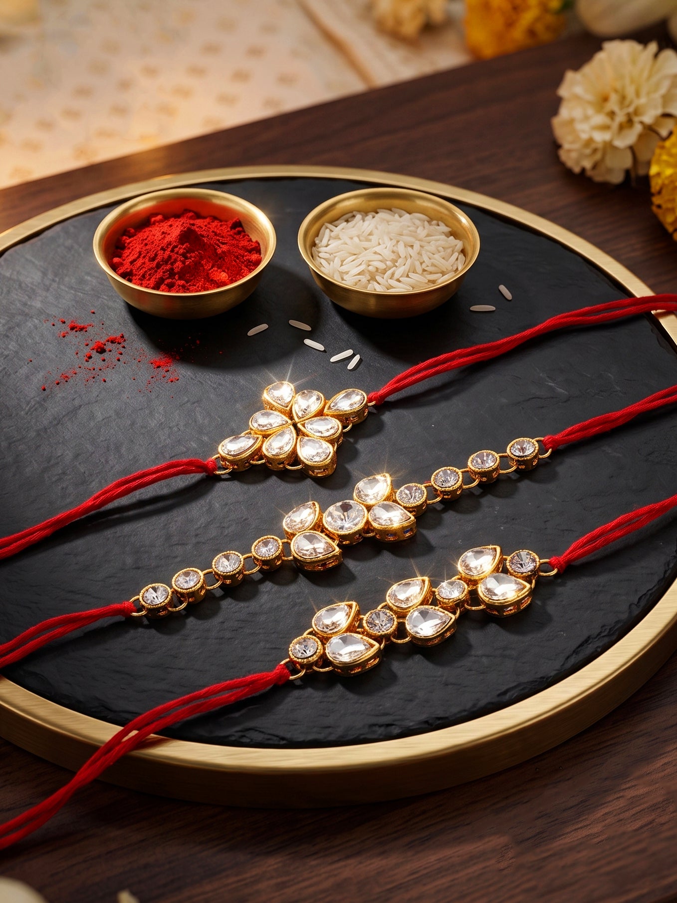 LUCKY JEWELLERY Traditional Rakhi for Brother/Bhaiya – Gold Plated Red Thread Rakshabandhan Rakhie White Stones for Bhai/Bhabhi (Pack of 3) – Fancy Rakhee Bracelet Rakshasutra (159-L1R1-09-W-3-2026)