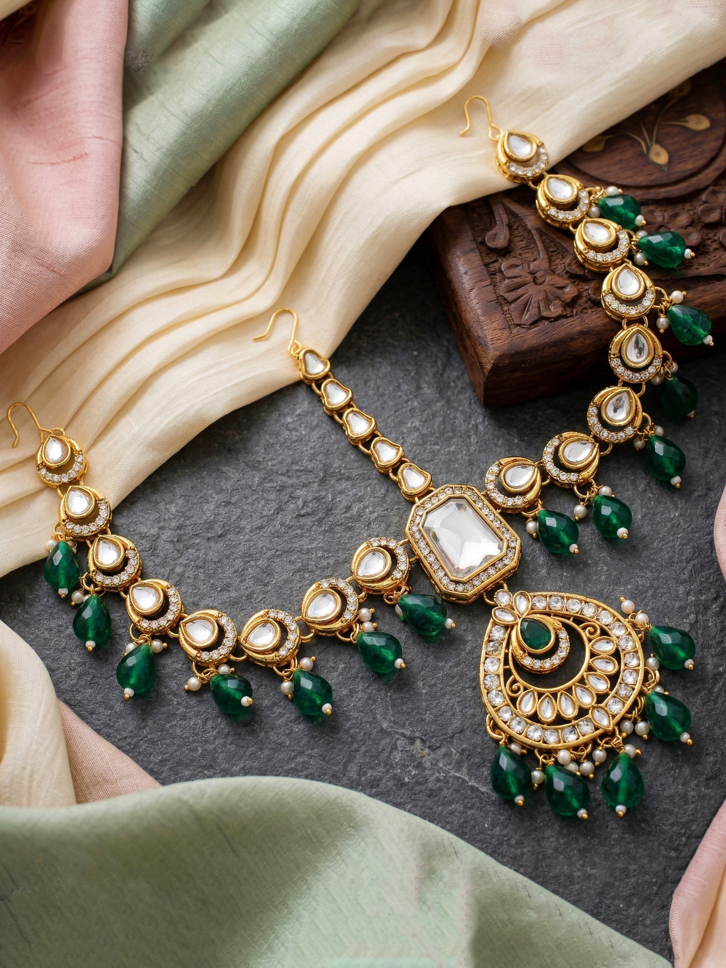 Bridal AD Green Stone Heavy Choker Jewellery Set with Sheesh Patti, Nath & Jhumka (3300-M8ZK-1106-G)