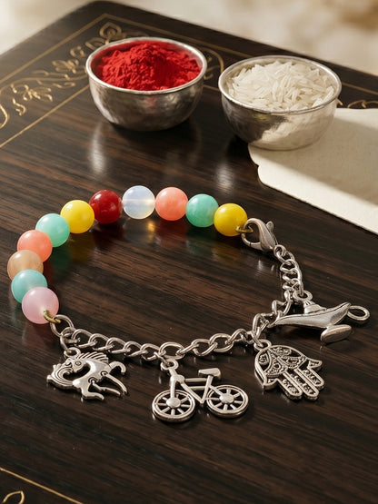 Bracelet Rakhi with Small Silver Charms, Multi & Pastel Beads, Roli Chawal & Card (158-N4B2O-1991-MT-2026)