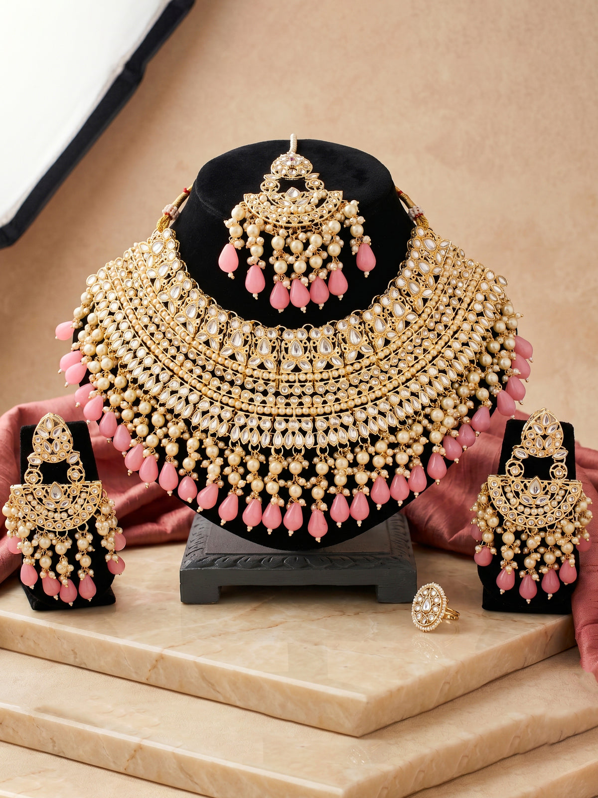 Gold Plated Kundan & Pearl Pink Stone Bridal Choker Jewellery Set with Maang Tikka (1683-ISK-855-PK)