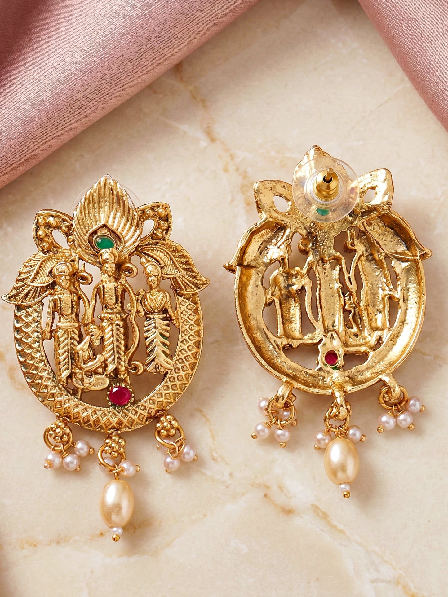 Lucky Jewellery 18K Gold-Plated Ram Parivar Ruby & Green Color Necklace Set (660-G2SR-195-RG)