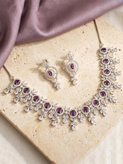 Silver-Tone Purple Stone & American Diamond Necklace Set with Earrings for Women – Office, Party & Function Wear (1717-K4SA-2242-P-S)