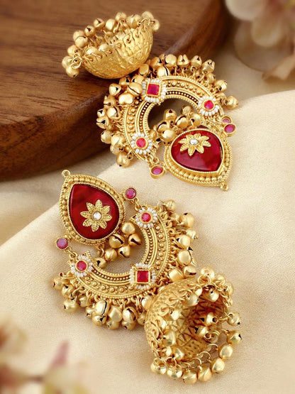 LUCKY JEWELLERY  Traditional Gold Plated Kashmiri Jhumka Earrings with Ruby Stone and Ghungroo for Girls & Women |  Designer Jhumkee Earring Set | Birthday Gift Earrings Valentine Anniversary Gift