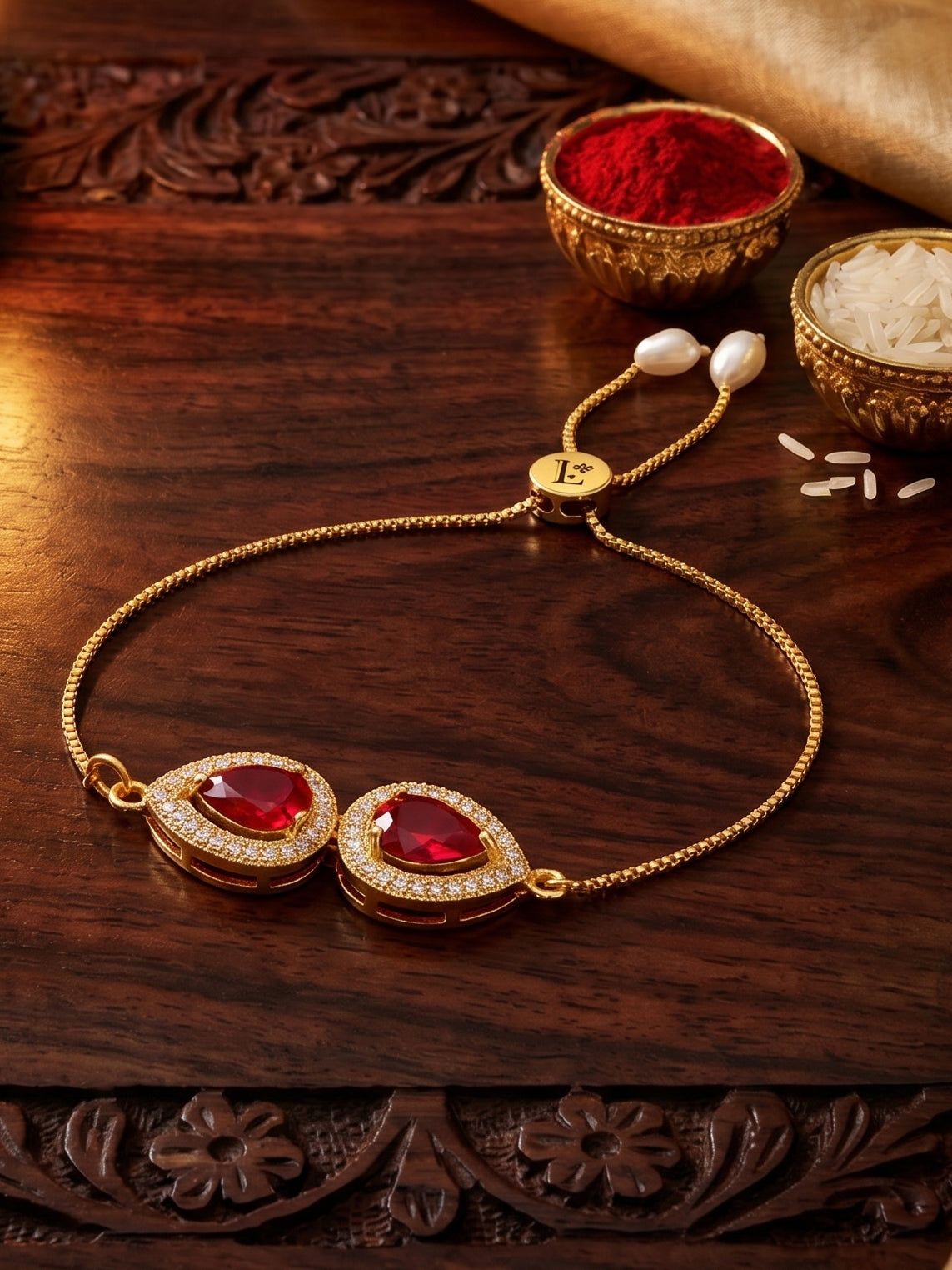 Adjustable Rakhi Bracelet with Maroon drop AD Pendant, White Drops, Roli Chawal & Card (195-CHB2-1279-M-2026)