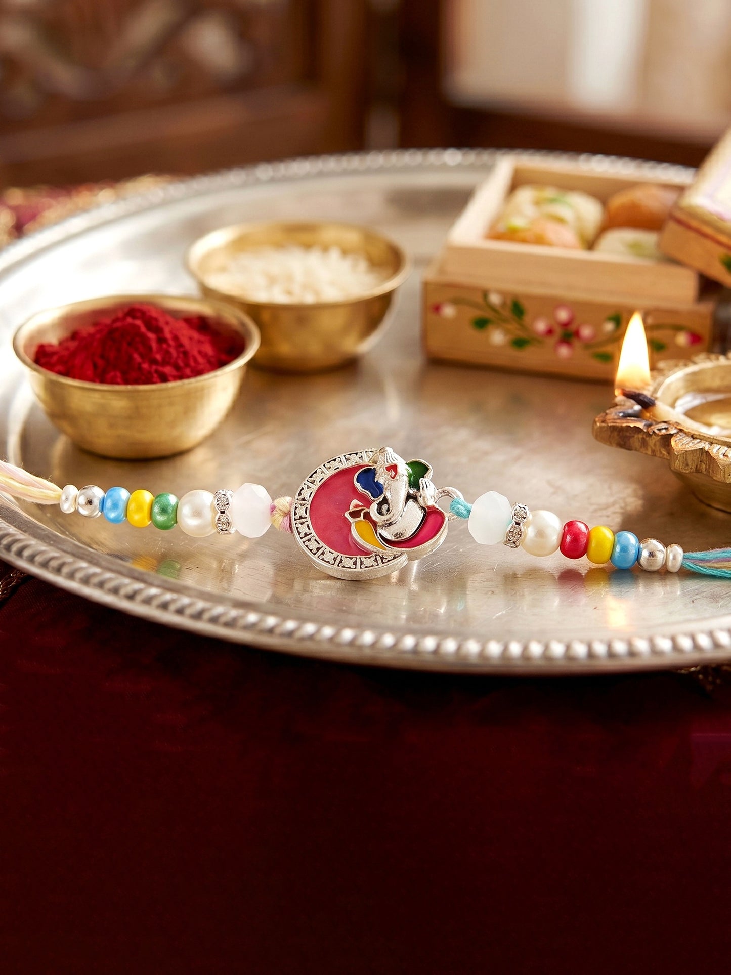 Lord Ganesha Circular Ganpati Silver-Finish Enamel Beaded Rakhi Set For Brother, Roli & Card (132-S5R1-AR2773)