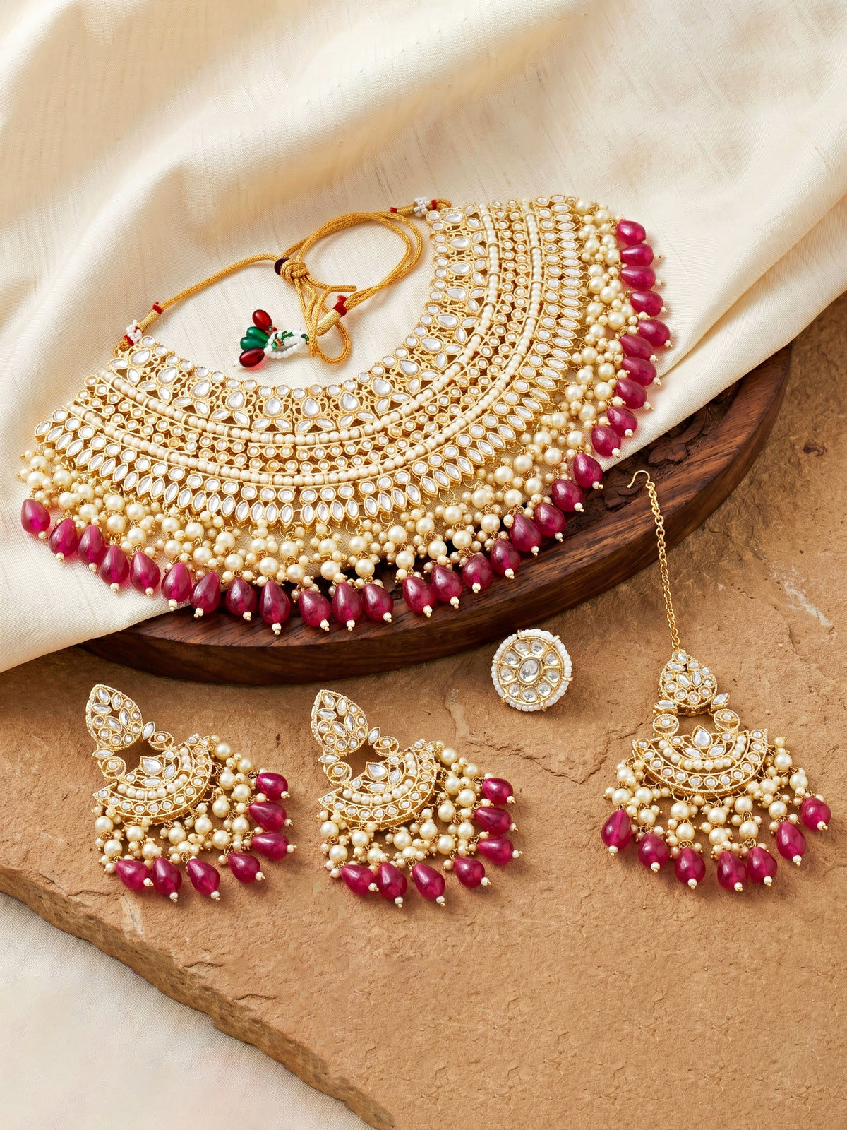 Gold Plated Kundan & Pearl Rani Pink Stone Bridal Choker Jewellery Set with Maang Tikka (1683-ISK-855-R)