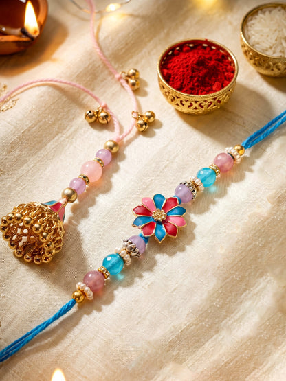Set of 2 Designer Floral Bhaiya Bhabhi Rakhi Set with Meenakari Jhumki Lumba, Roli, Chawal & Card (240-CHCR1-1146-PKB-2-2026)
