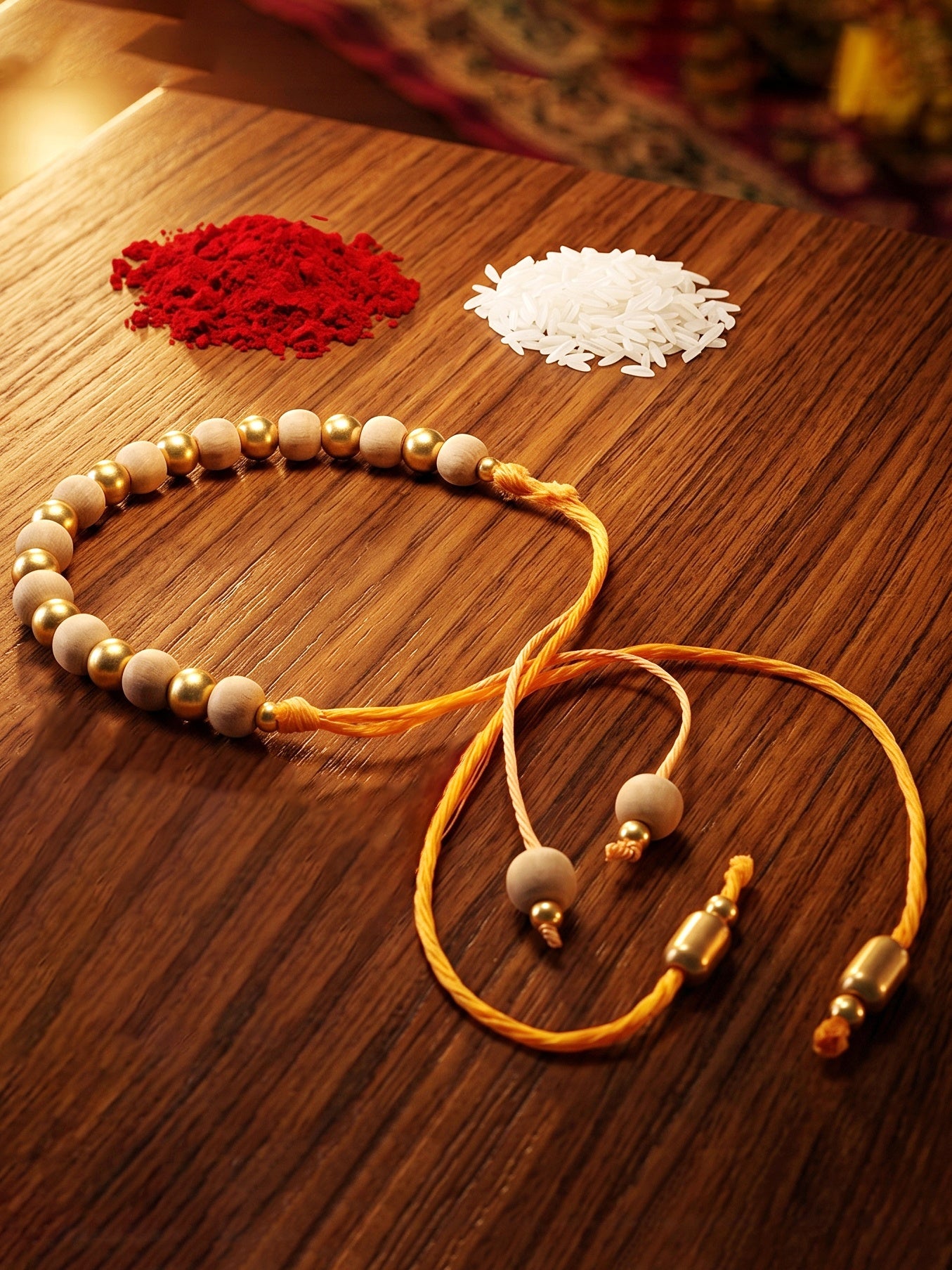 Traditional Tulsi Beads Rakhi for Brother with Gold Accents, Roli Chawal & Card (66-TUR1-1988-1-2026)