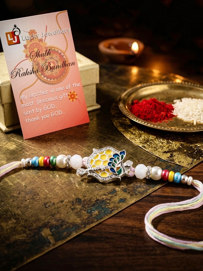 Silver-Finish Krishna Flute Bansuri Mor Pankh Beaded Rakhi Set For Brother | Roli Chawal, Card (132-S5R1-AR2770)