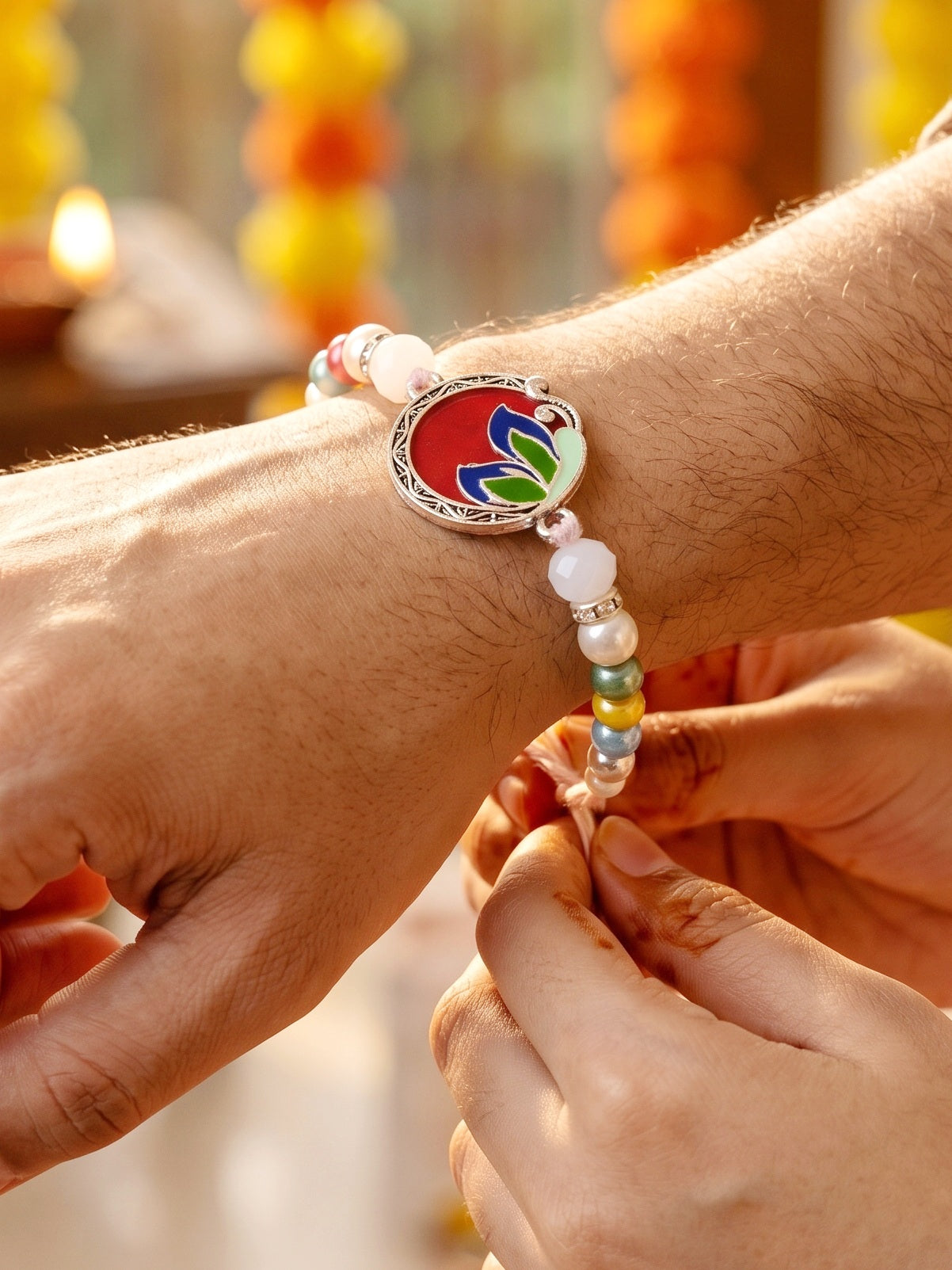 Traditional Meenakari Floral Rakhi For Brother | Silver-Finish Red & Maroon Enamel Beaded Rakhi Set (132-S5R1-AR2772)