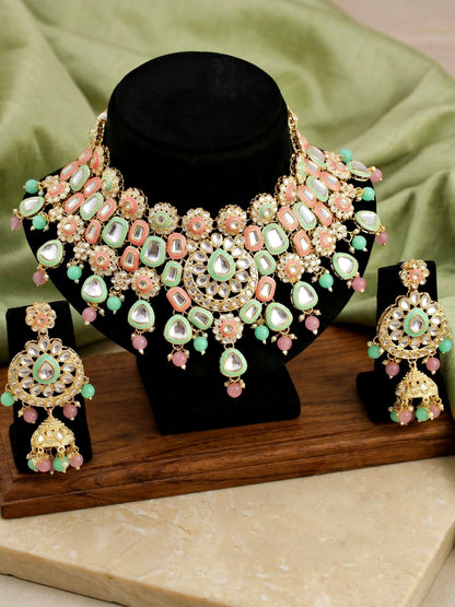 Bridal Kundan Pink Mint Multicolor Choker Jewellery Set with Hathphool & Nath (2541-IZK-554-PKMNT)