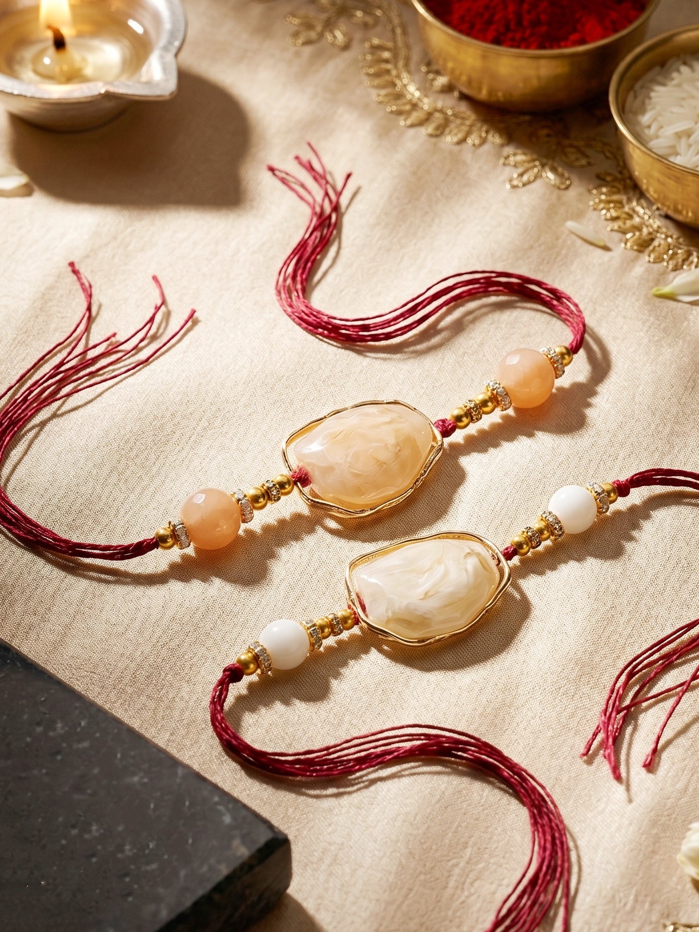 Designer Rakhi Set of 2 for Brothers. Elegant Faux Stone Centerpiece with Beads, Roli, Chawal (240-CHR1-1244-2-2026)
