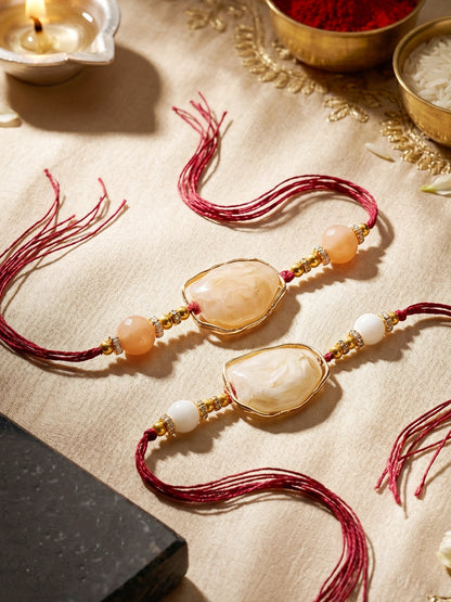 Designer Rakhi Set of 2 for Brothers. Elegant Faux Stone Centerpiece with Beads, Roli, Chawal (240-CHR1-1244-2-2026)