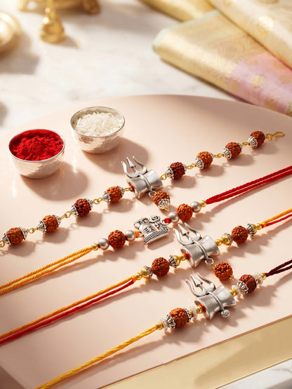 Rudraksha Rakhi Set of 4 for Brothers With Silver Trishul Design with Roli, Chawal & Card (241-JPR1-1982-S-4-2026)
