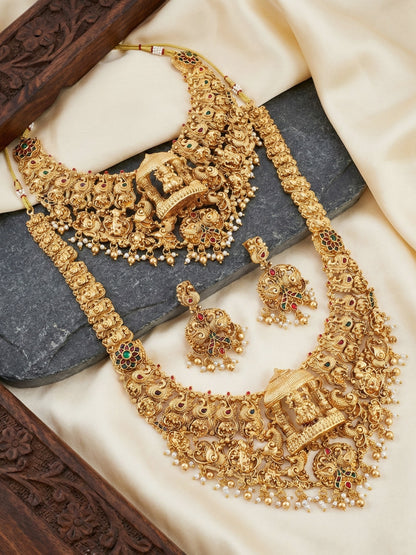 Antique Gold Plated South Indian Temple Jewelry Layered Set | Goddess Lakshmi Choker & Long Necklace with Matching Earrings for Women (3317-ISR-2184-RG)