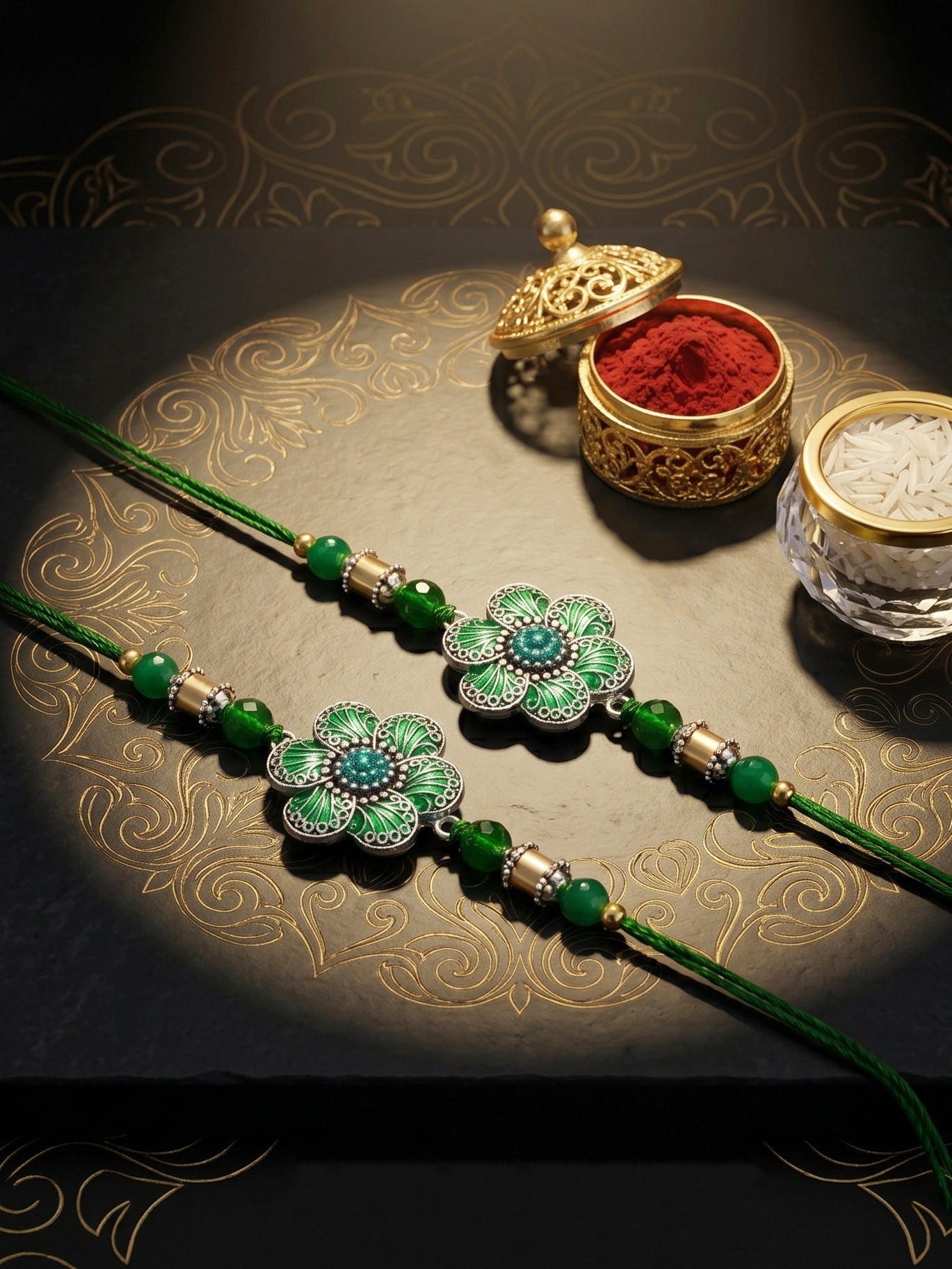 Set of 2 Green Floral Rakhi for Brother with Beads, Gold Accents, Roli & Chawal & Card (106-CHR1-1967-G-S-2-2026)