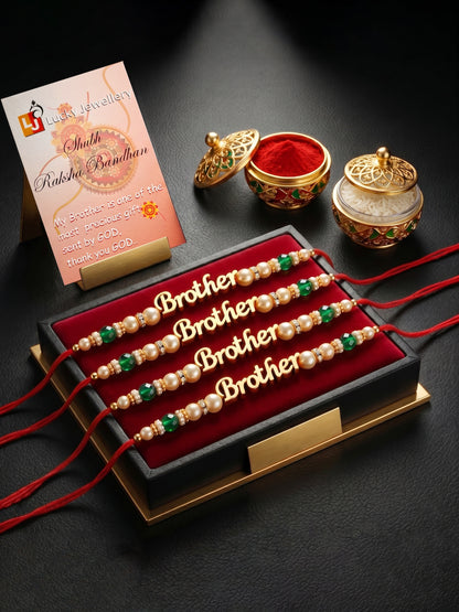 Set of 4 Gold Brother Text Rakhi with Green Beads, Roli Chawal & Card (102-CHR1-1964-4-2026)