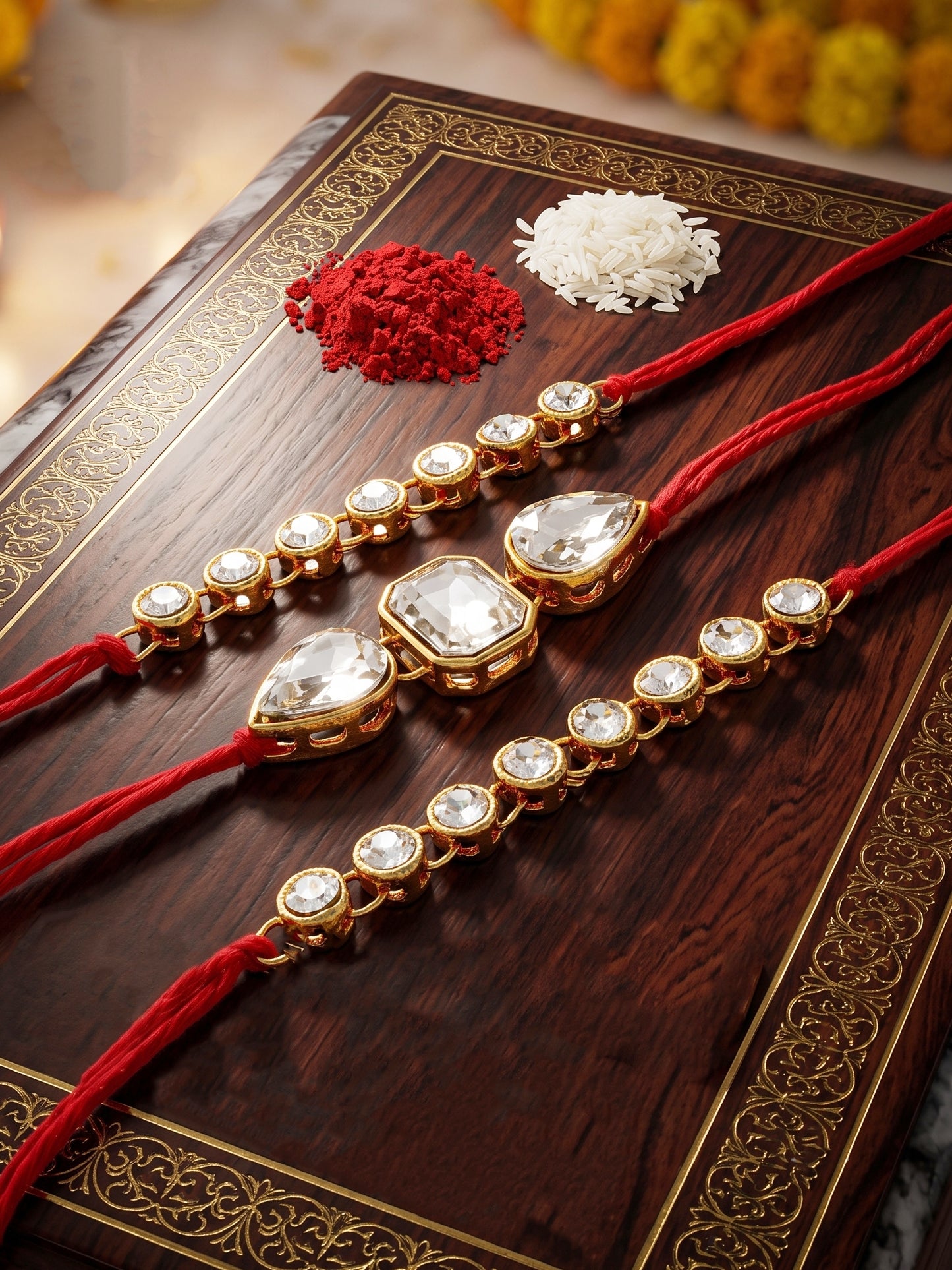 LUCKY JEWELLERY Traditional Rakhi for Brother/Bhaiya – Gold Plated Red Thread Rakshabandhan Rakhie White Stones for Bhai/Bhabhi (Pack of 3) – Fancy Rakhee Bracelet Rakshasutra (159-L1R1-08-W-3-2026)