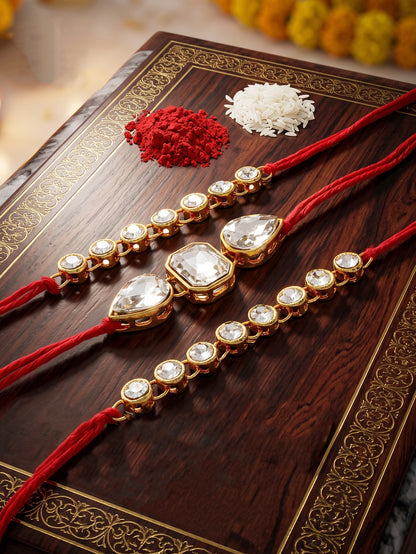LUCKY JEWELLERY Traditional Rakhi for Brother/Bhaiya – Gold Plated Red Thread Rakshabandhan Rakhie White Stones for Bhai/Bhabhi (Pack of 3) – Fancy Rakhee Bracelet Rakshasutra (159-L1R1-08-W-3-2026)