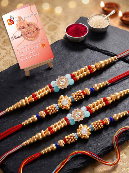 Lucky Jewellery Set of 4 Rakhi with Small Crystal Floral Centerpieces, Gold-Tone Beads, Roli Chawal & Card (58-S7R1-2314-4)