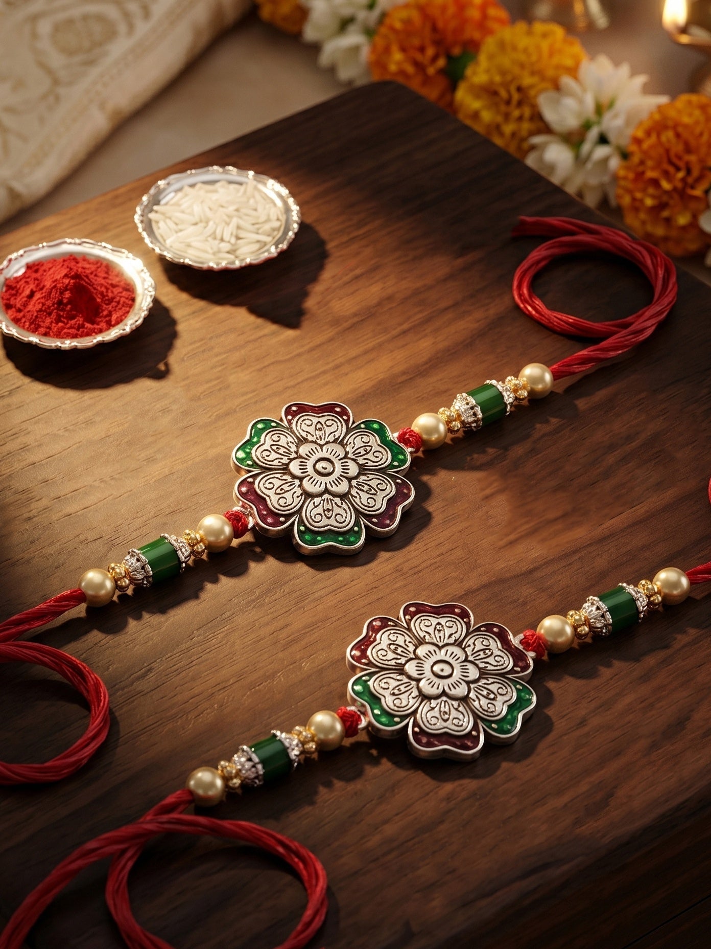 Set of 2 Silver Floral Rakhi for Brother with Metallic, Green & Maroon Enamel, Roli & Chawal & Card (108-CHR1-1966-MG-S-2-2026)