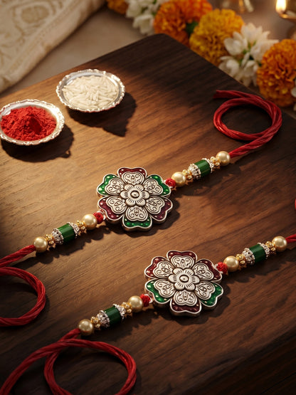 Set of 2 Silver Floral Rakhi for Brother with Metallic, Green & Maroon Enamel, Roli & Chawal & Card (108-CHR1-1966-MG-S-2-2026)