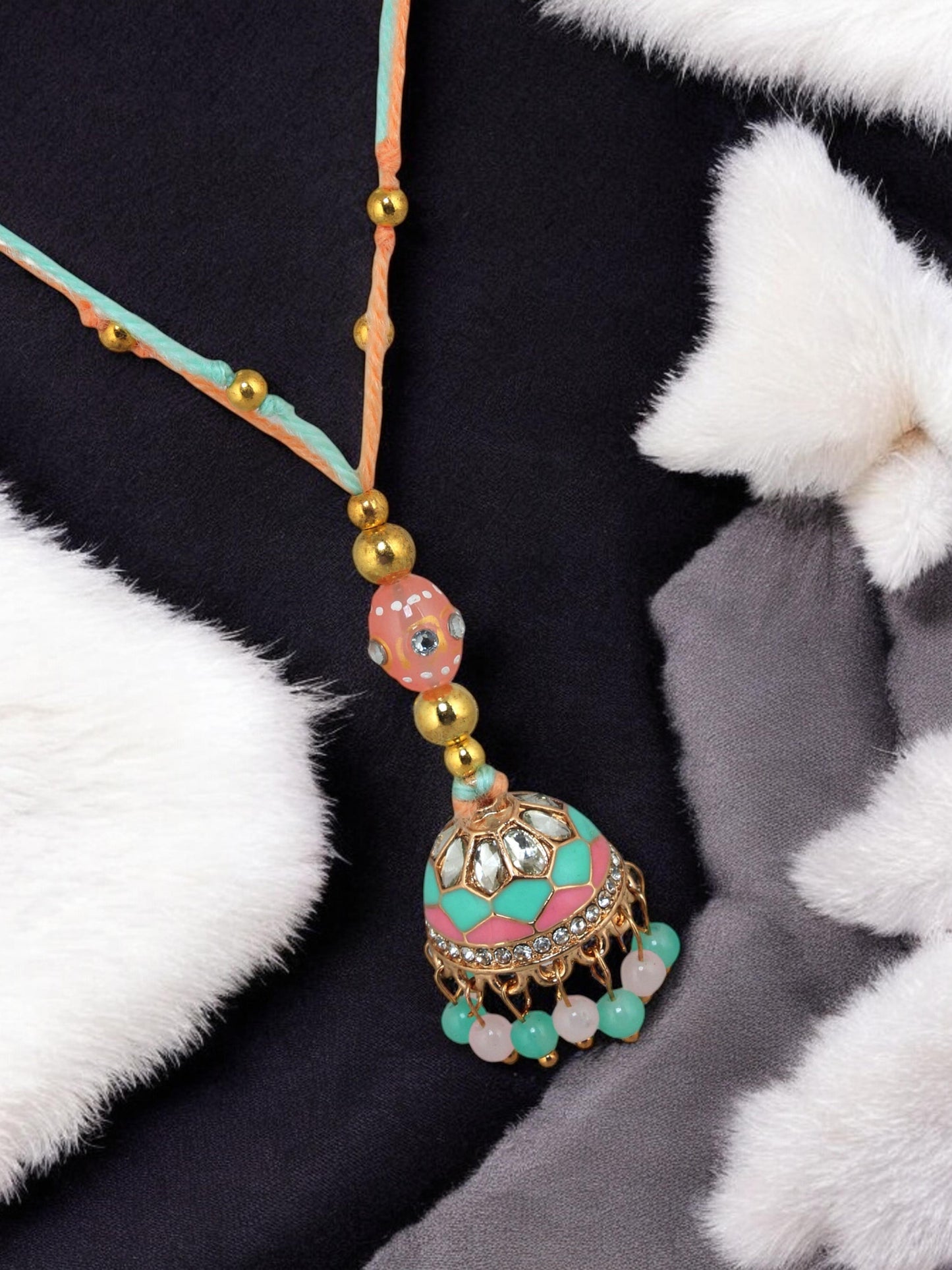Lucky Jewellery Designer Gold Plated Pink and Mint Meena Stone Rakhi - Rakshabandhan Rakhee with Tasseled Lumba Bracelet for Brother Bhaiya Bhai Bhabhi - Pack of 2 (325-CHCR1-1152-PKMNT-2)