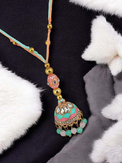 Lucky Jewellery Designer Gold Plated Pink and Mint Meena Stone Rakhi - Rakshabandhan Rakhee with Tasseled Lumba Bracelet for Brother Bhaiya Bhai Bhabhi - Pack of 2 (325-CHCR1-1152-PKMNT-2)