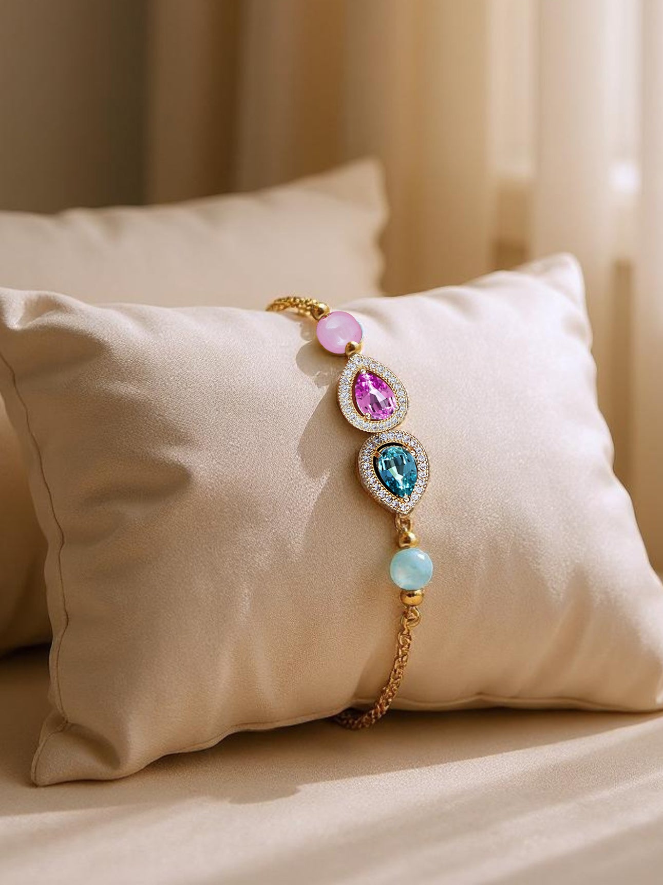 Lucky Jewellery Designer Multi Color Stone Rakhi - Rakshabandhan Rakhee Bracelet Lumba for Bhabhi/Girls & Women with Pull Chain Pack of 1 (209-CHB2-1279-PKF)