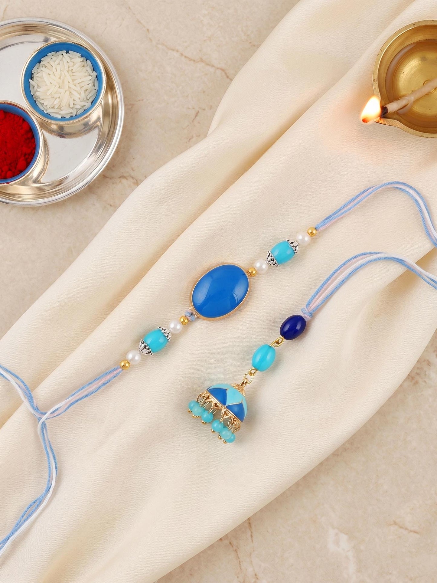 Set of 2 Blue Faux Stone Bhaiya Bhabhi Rakhi Set with Jhumki Lumba, Blue & White Beads (265-CHCR1-1151-FB-2-2026)